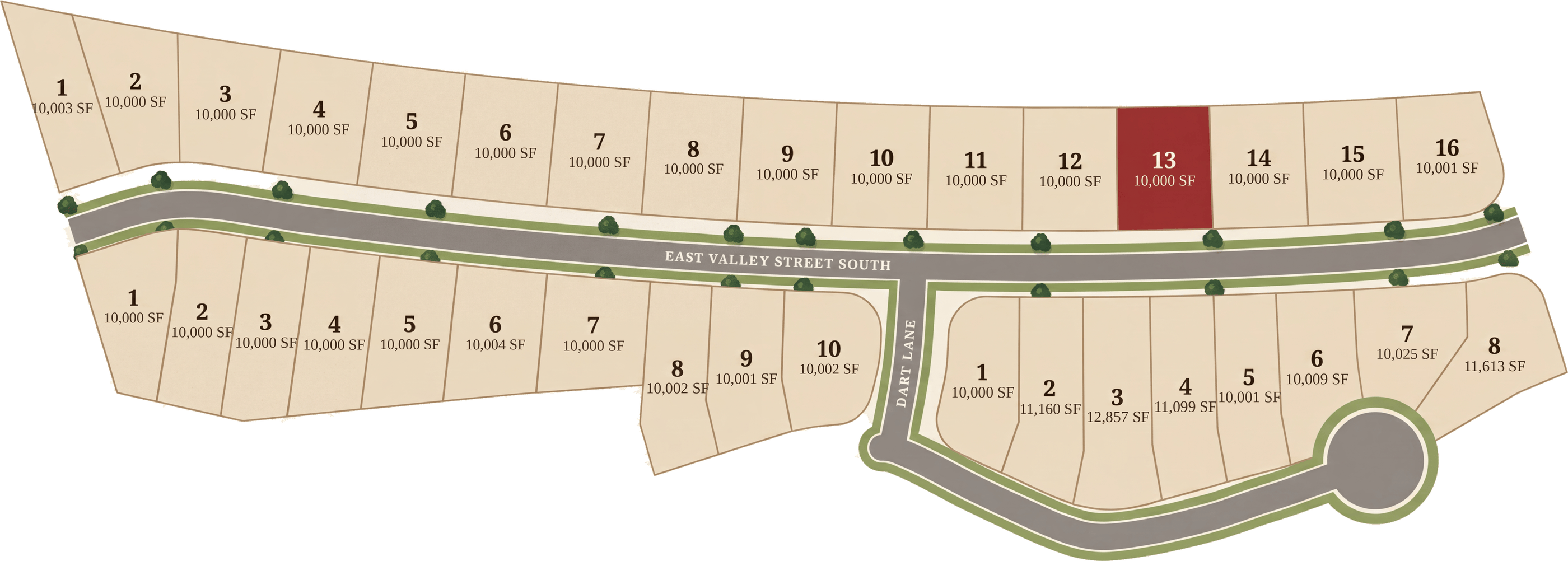 Cedar Park lot map &mdash; thirty-four homesites across three blocks in Oldtown, Idaho