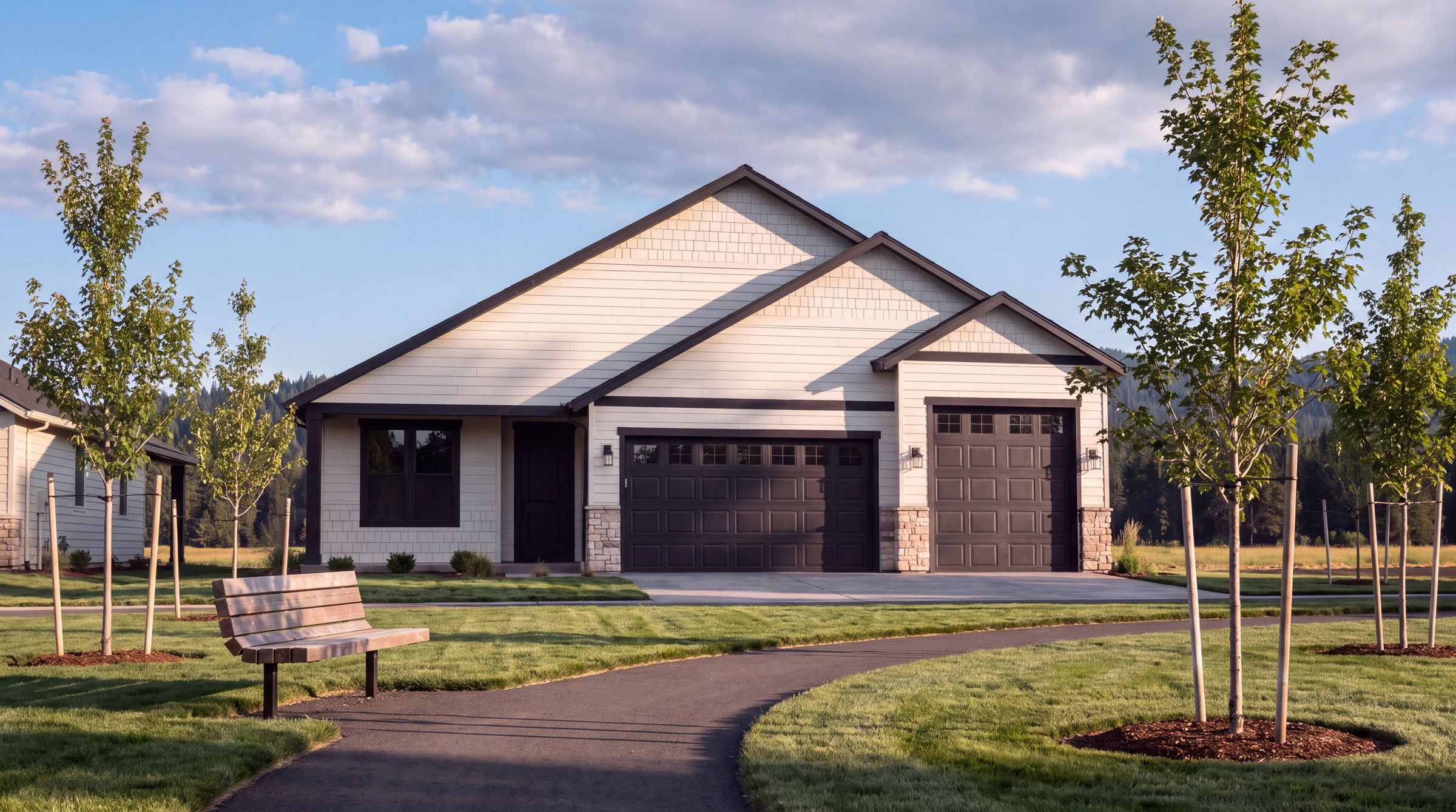 A Monogram home at Crown Reserve seen from the community park path in Post Falls, Idaho