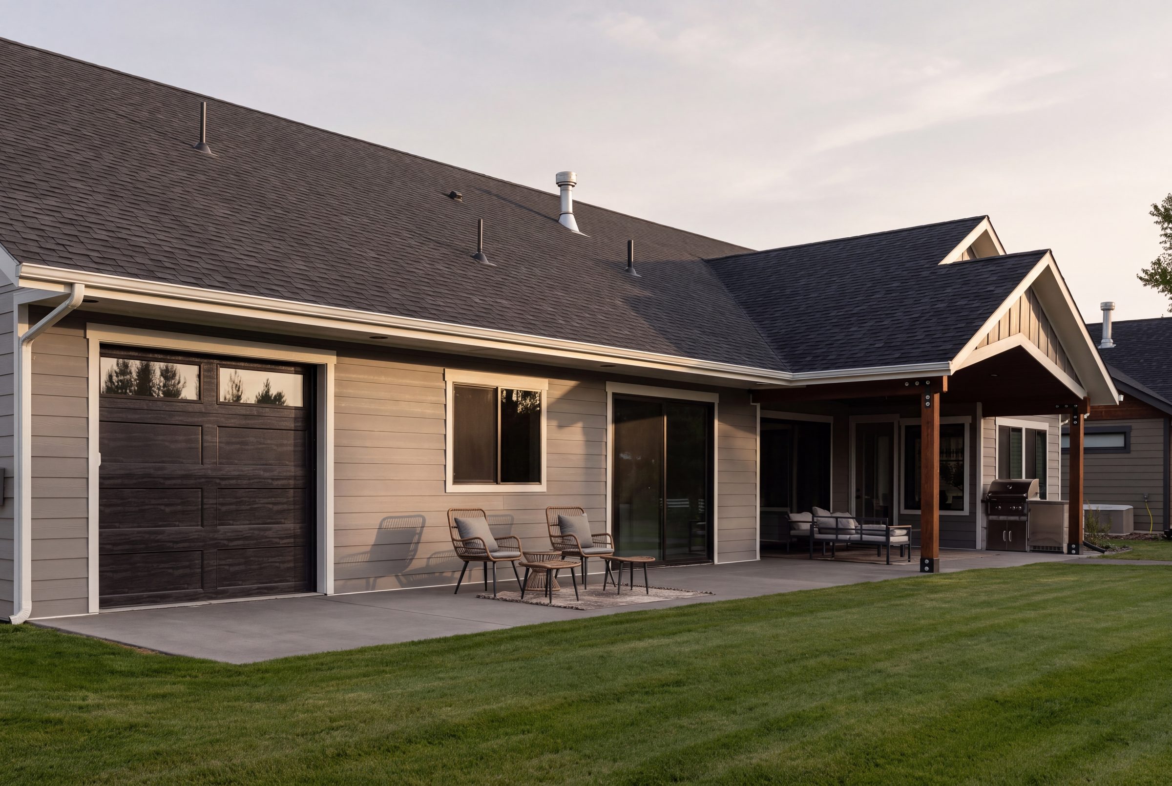 The back of the home and the covered patio