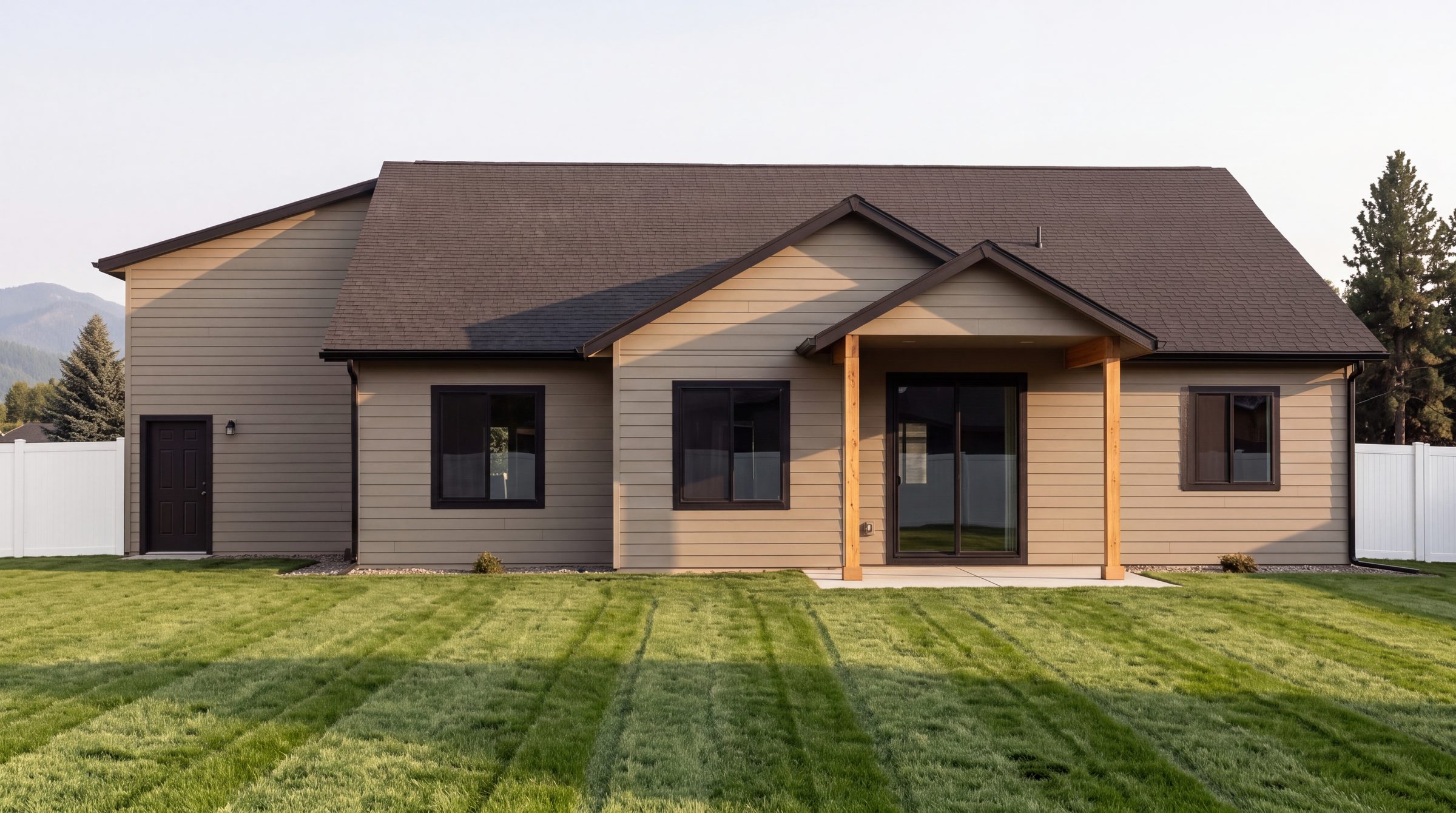 The back of the home — covered patio and open yard