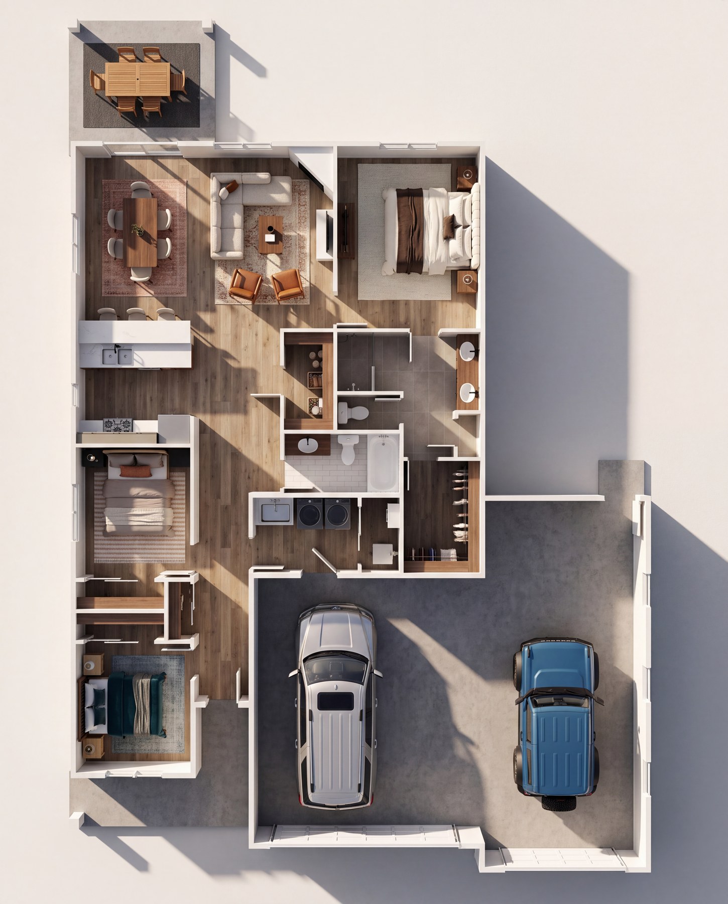The Stratford 3D floor plan, three-car garage
